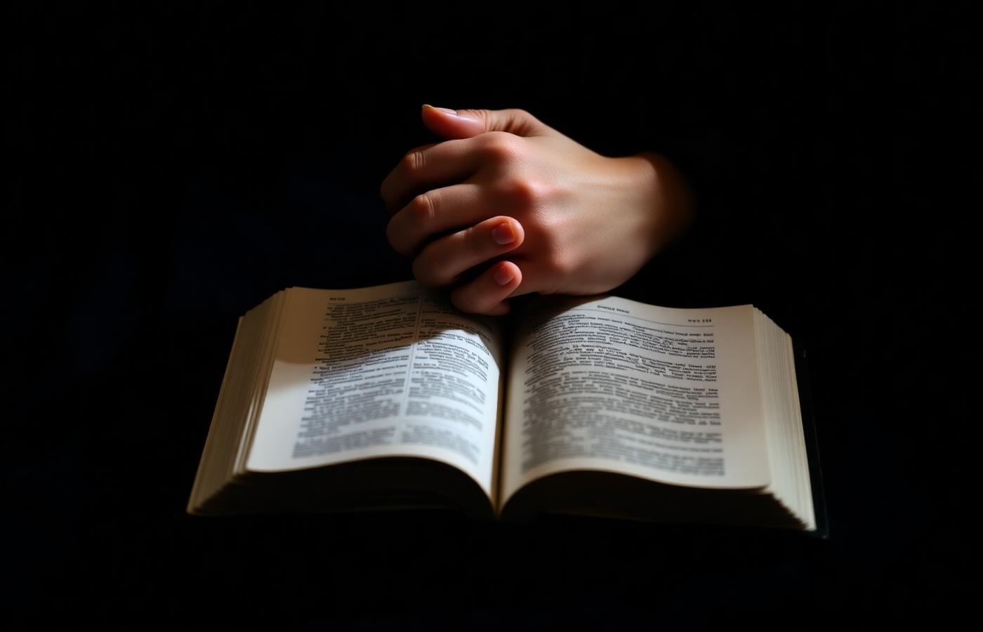 Hands folded in prayer over an open Bible